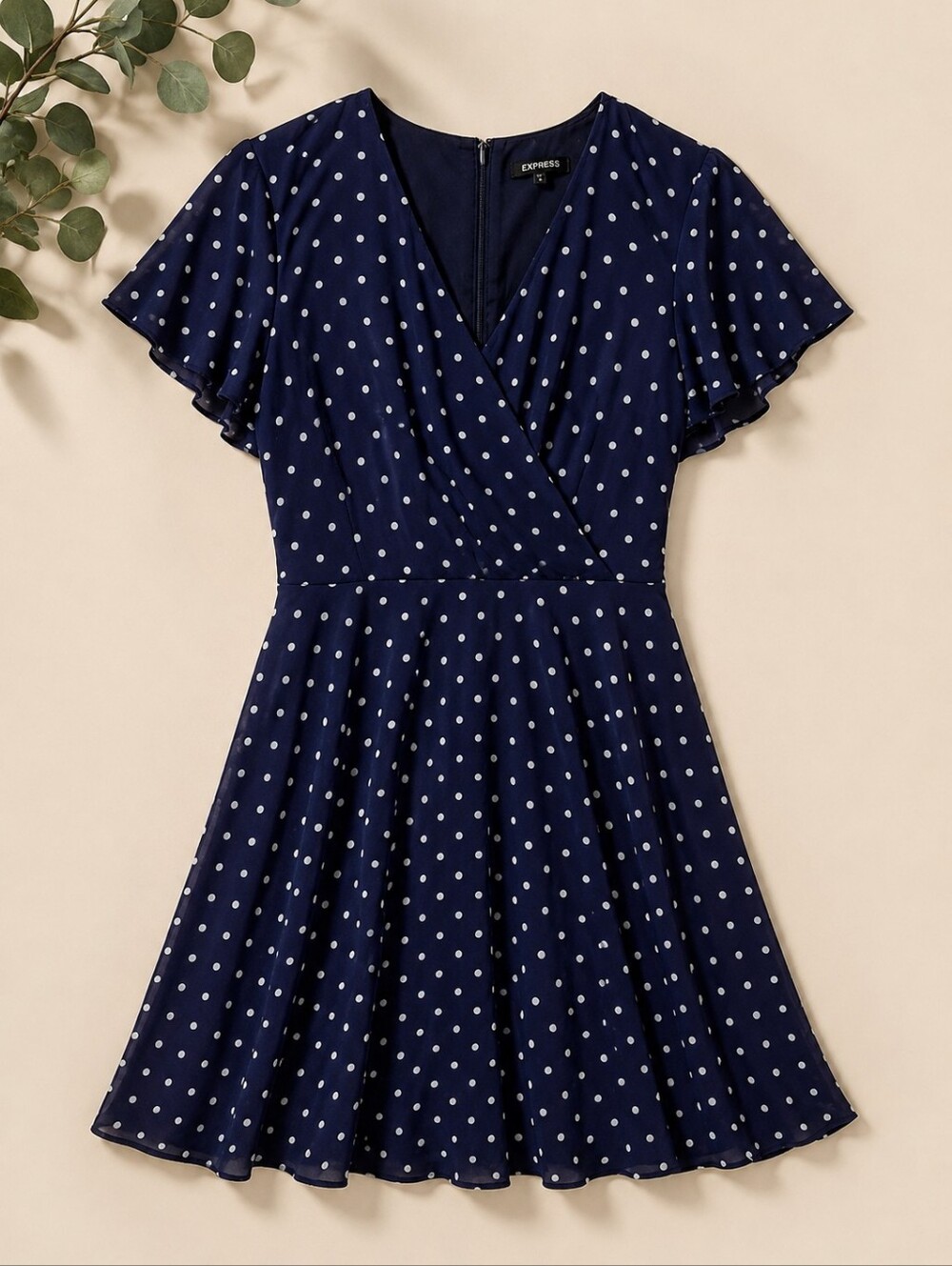 Express Navy Polka Dot Fit & Flare Dress Flutter Sleeve Size 10